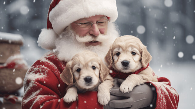 Santa Claus Spreading Cheer: Heartwarming Image of Kris Kringle Holding Adorable Dog Puppies for a Festive Celebration