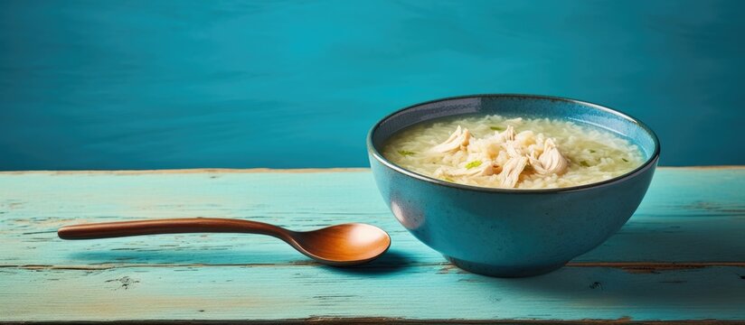Chicken soup in a blue bowl with an old spoon on a table.