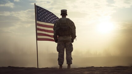 silhouette of a soldier with American flag