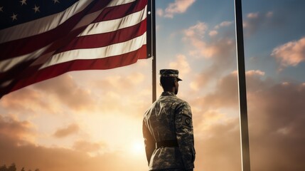 American flag with soldier at sunset - obrazy, fototapety, plakaty
