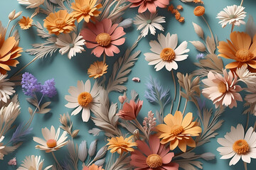 Dry flowers 3d wallpaper vector. Floral abstraction light background illustration. Soft delicate floral printable pattern. Dried flower pattern. Decor interiors. Generative AI