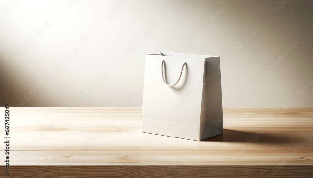 Aufkleber minimalist shopping bag mockup on a wooden surface in a softly lit room. simplicity and style concep