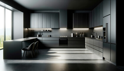 Monochromatic kitchen with natural light and sleek design elements. Generative AI