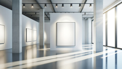 Modern gallery room with illuminated posters on white walls and concrete pillars. Clean exhibition...