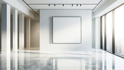 Modern gallery with blank poster and marble floor lit by natural light. Generative AI