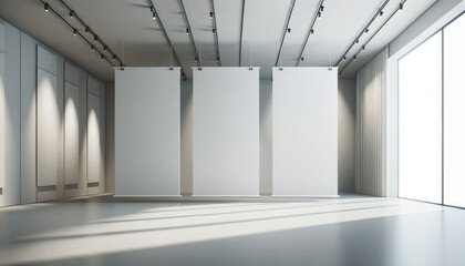 Spacious room dominated by a series of empty white banners, creating a clean, modern look. Generative AI - Powered by Adobe