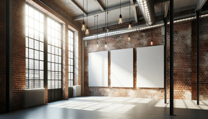 Three blank white posters in a modern loft space, where exposed brick walls meet large industrial windows. Generative AI