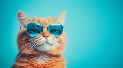 Closeup portrait of funny ginger cat wearing sunglasses