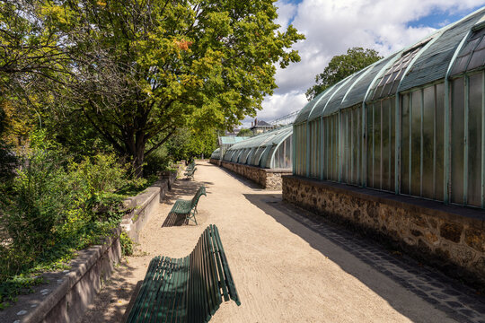 Old Greenhouses at the Jardin des Serres d'Auteuil in summer. This botanical gaden is a public park located in Paris, France