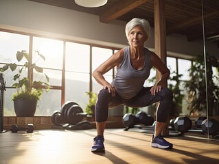Senior gray elderly woman doing squats workout in a gym.