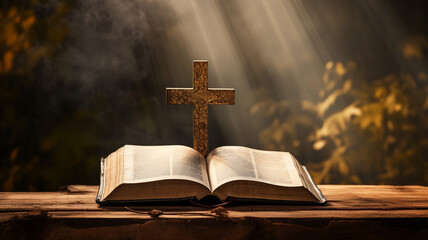 Open holy bible with a wooden cross catholic orthodox education faith book easter second coming Jesus Christ resurrection. 
