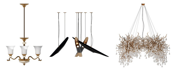 chandelier on the ceiling isolated on white background, hanging lamp, pendant light, 3D illustration, cg render