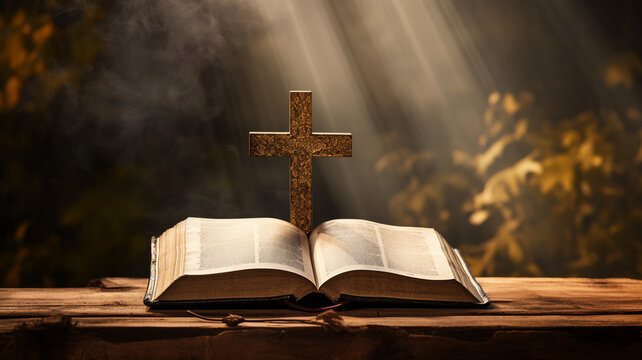 Open holy bible with a wooden cross catholic orthodox education faith book easter second coming Jesus Christ resurrection.  - Powered by Adobe