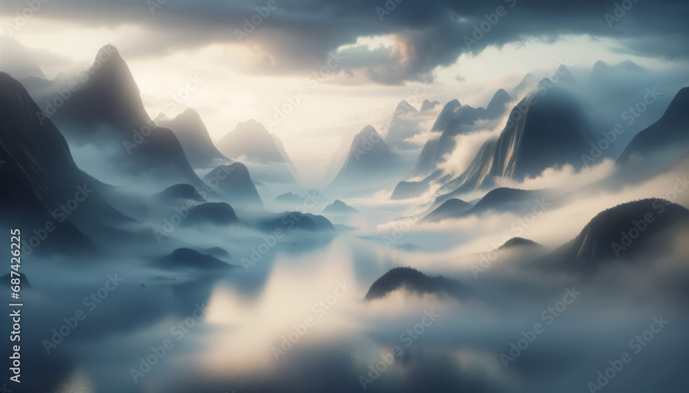 Poster Softly lit foggy mountain range with lake reflections at dawn. Peaceful and surreal view. Generative AI