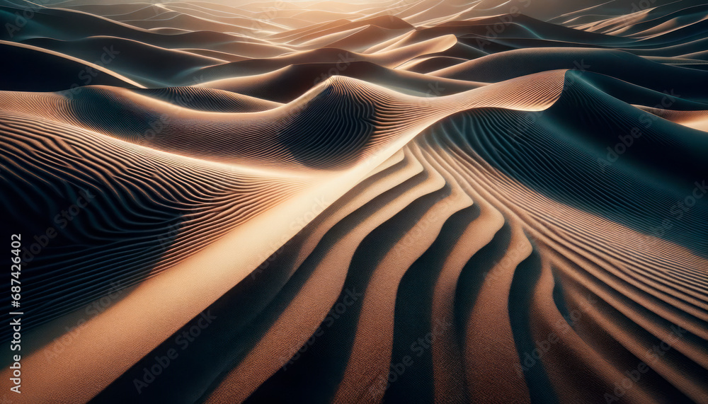 Poster abstract desert waves under a sunset glow, creating a soothing rhythm of light and dark. symmetry co