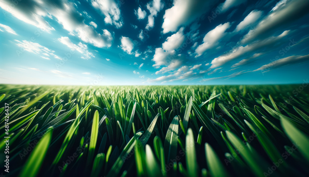 Poster Green grass field with a clear sky and streaming sunlight creating an idyllic setting. Generative AI