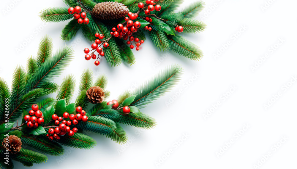 Poster lush fir branches with vibrant red berries on a pure white background. christmas theme. generative a