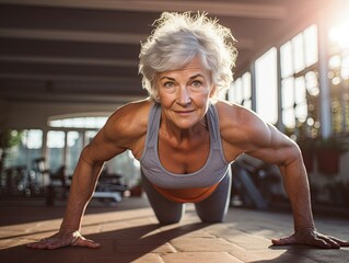 Senior gray elderly woman doing pushups plank workout in a gym.