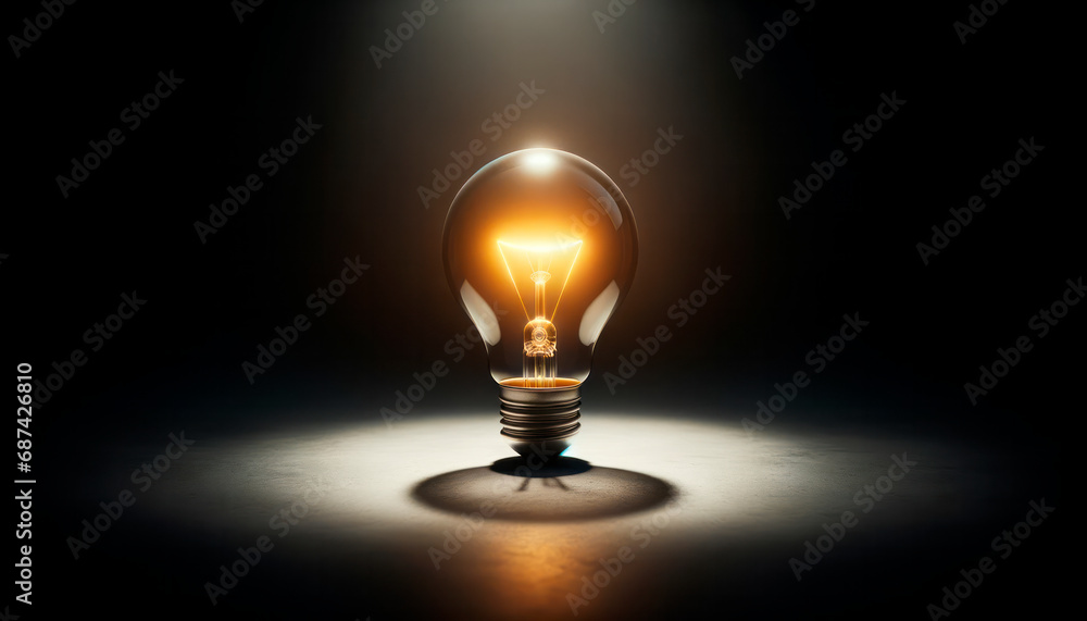 Poster light bulb glowing in dark room, concept of idea and creativity. generative ai