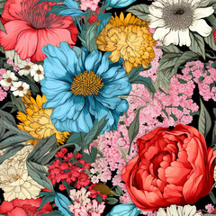 A seamless pattern with a flowers in vibrant and contrasting colors