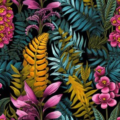 Seamless pattern featuring detailed illustrations of botanical specimens like ferns, leaves, and blossoms