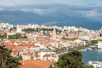 Fototapeta na wymiar Cityscape of Split city - Dalmatia, Croatia. In 1979, the historic center of Split was included into the UNESCO list of World Heritage Sites. Mosor mountains in background.