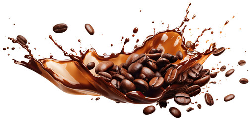 Roasted coffee beans in splashes of delicious coffee, cut out - Powered by Adobe