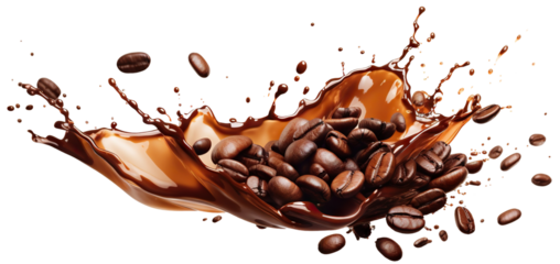 Roasted coffee beans in splashes of delicious coffee, cut out
