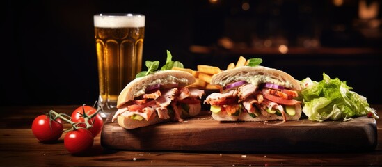 Naklejka na ściany i meble Club sandwiches and a soft drink presented on a wooden board.