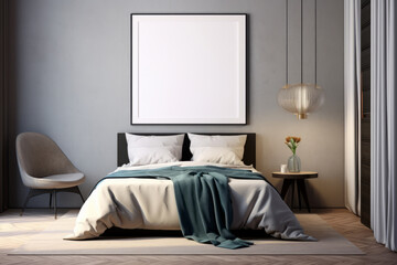 Interior of a bedroom in Mid-Century Modern style with a empty, blank white canvas for mock up hanging over the bed