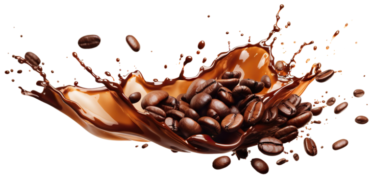Roasted coffee beans in splashes of delicious coffee, cut out