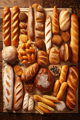 bread, bakery products. flour products. food. lots of loaves and rolls.