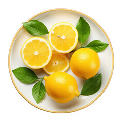 Top view of a lemon on a plate Isolated on Transparent or White Background, PNG