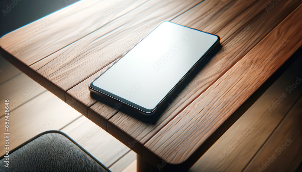 Poster smartphone with blank screen on wooden table. mock up. generative ai