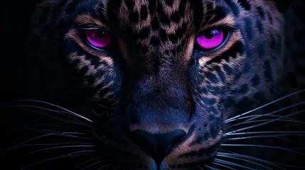 Selbstklebende Fototapeten Close up of purple and black leopards face with glow © Creativity