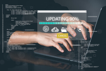 Operating system upgrade concept, installation app and software update process, modernize user equipment, update modern functions, developer released new version Improved security. User is downloading