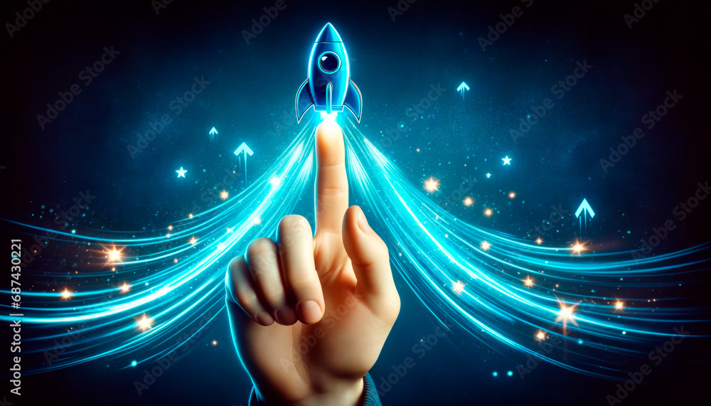 Poster close up of human hand pointing at start up concept. generative ai