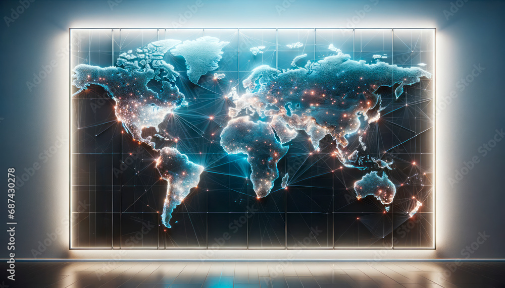Poster 3D digital world map on LED screen display with bright connections. Modern technology and communication concept. Generative AI