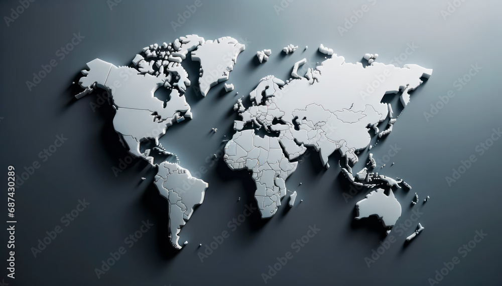 Poster Monochrome 3D world map with reflective surfaces against a dark background. Modern mapping technique. Generative AI