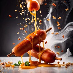 Corndogs, battered deep fried sausages on a stick, typical snack food - obrazy, fototapety, plakaty
