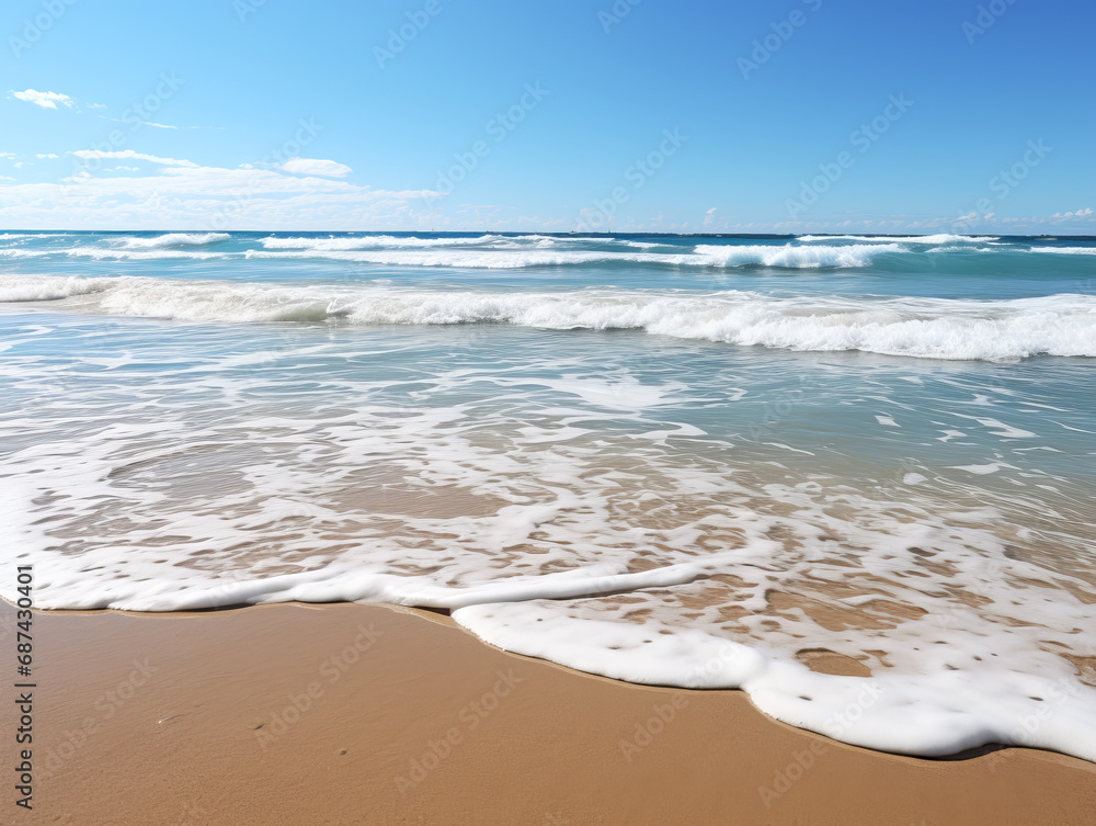 Poster foamy waves gently touching the sandy beach under a clear sky. relaxation and nature concept. genera