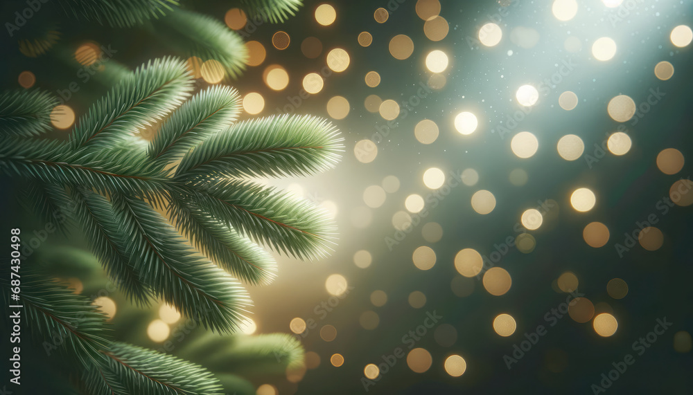 Aufkleber Christmas background with fir tree branches, bokeh lights and copy space. Generative AI