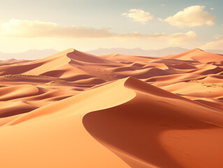 Smooth sand dunes under a clear sky in a vast desert landscape. Generative AI