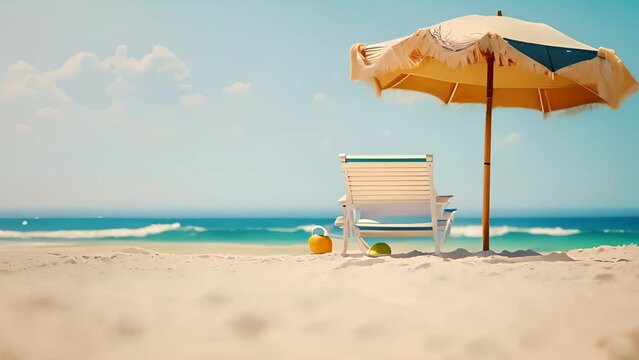 Sunny calm ocean sandy coast background with beach chair and big umbrella. Sea shore resort.