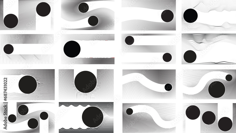Poster abstract motion graphic design background . black circle and horizontal lines . transition shapes . 