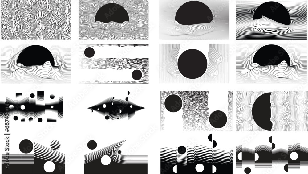 Poster abstract motion graphic design background . black circle and horizontal lines . transition shapes . 