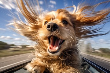 Wind-blown fur of excited dog peering from car window. Journey with pets. - obrazy, fototapety, plakaty