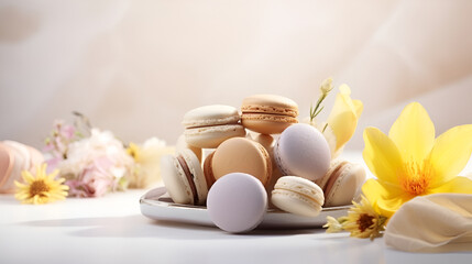 Fototapeta na wymiar Delicate Mascarpone Cakes in Pastel Colors with Yellow Spring Flowers