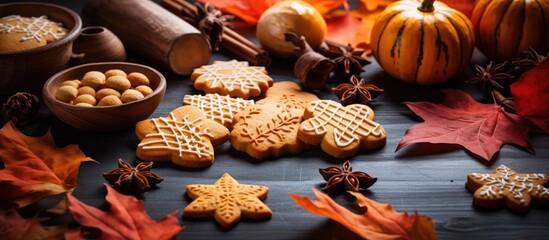 Obraz na płótnie Canvas Baking ready-to-bake festive cookies shaped like autumn leaves and pumpkins.