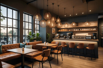 Fototapeta na wymiar A cozy and inviting coffee shop, with warm lighting and comfortable seating, perfect for networking and discussing business ideas over a cup of coffee. Generative AI